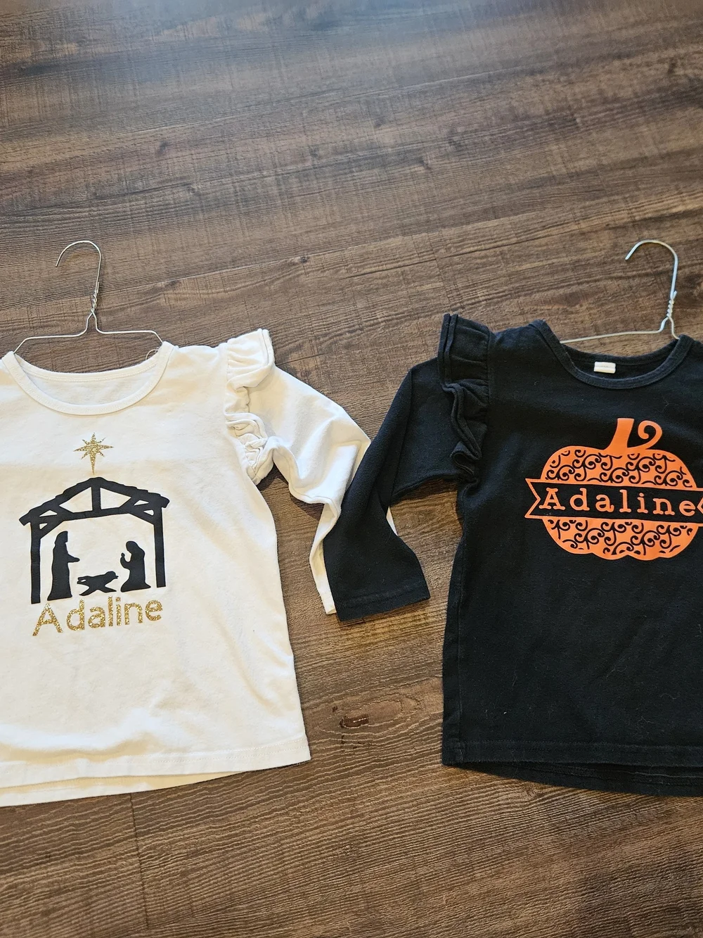 Personalized Kids Long-Sleeve Top Adaline shirt White Nativity/ Black Pumpkin